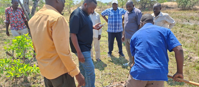 Mpima Ardhi wa Tume Bw. Emmanuel Mwanga akiwaongoza Wajumbe wa Halmashauri za Vijiji vya Mbutu na Kadoke Wilayani Nzega kusimika jiwe la Mpaka mara baada ya kukamilika zoezi la Upimaji wa Mpaka baina ya Vijiji hivyo